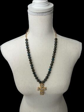 Gold Cross Pendant Necklace with Dark Teal Natural Stone Beads-Handmade